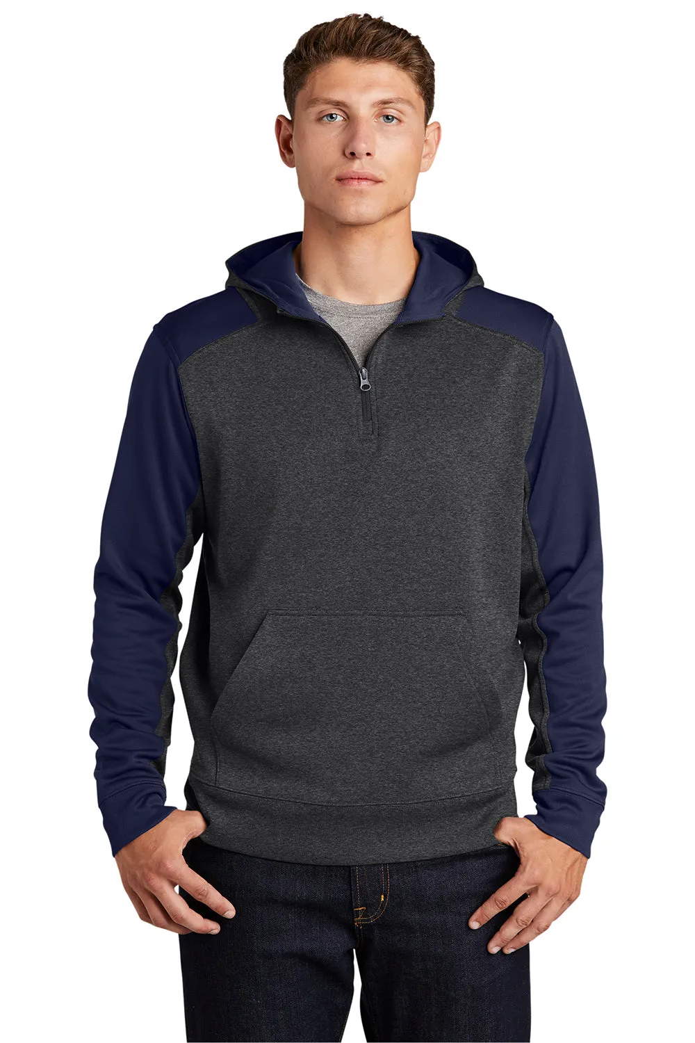 Sport-Tek Mens Tech Moisture Wicking Fleece 1/4 Zip Hooded Sweatshirt Hoodie w/ Patch Pocket - Heather Graphite Grey/True Navy Blue Clothing Sport-Tek