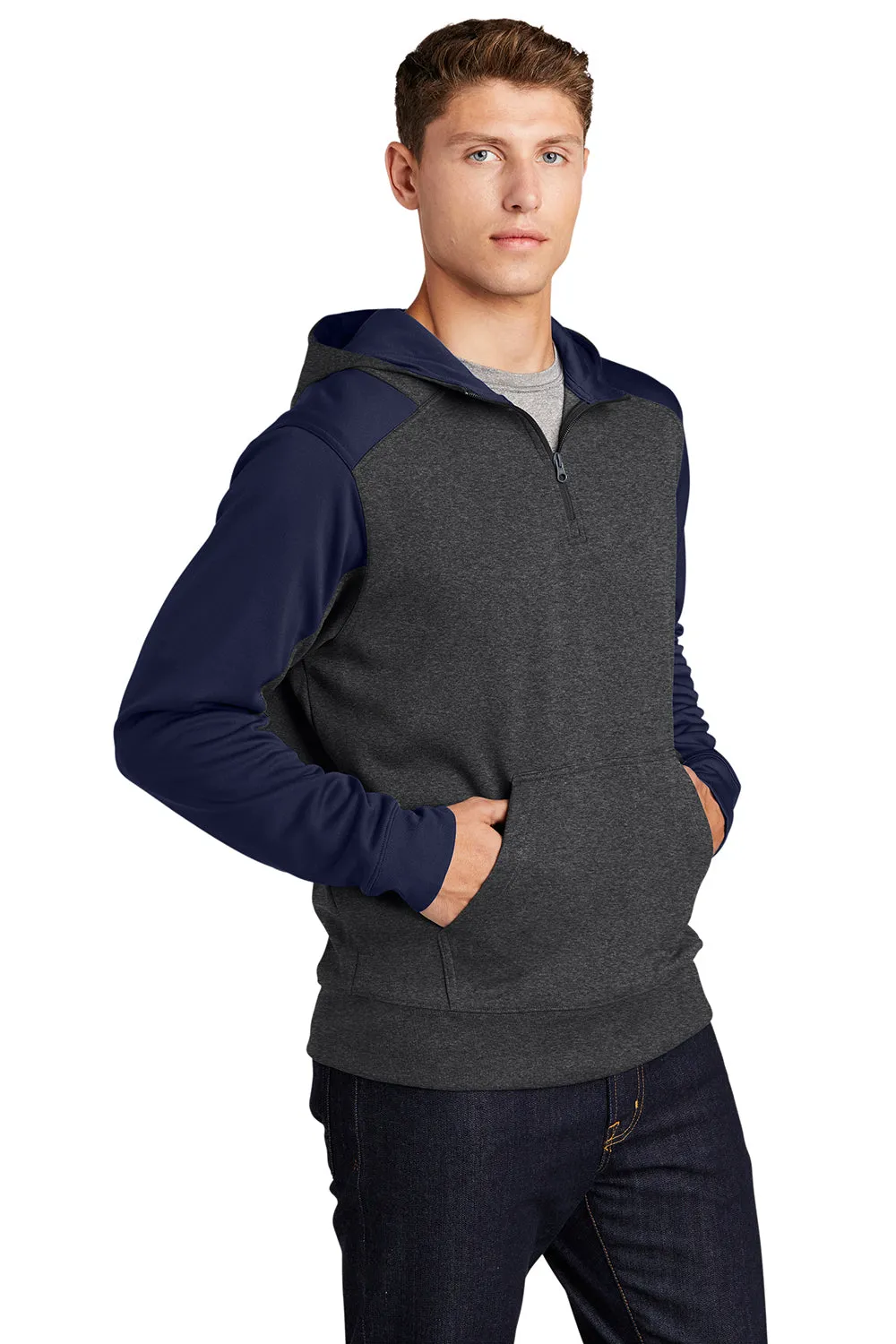 Sport-Tek Mens Tech Moisture Wicking Fleece 1/4 Zip Hooded Sweatshirt Hoodie w/ Patch Pocket - Heather Graphite Grey/True Navy Blue Clothing Sport-Tek