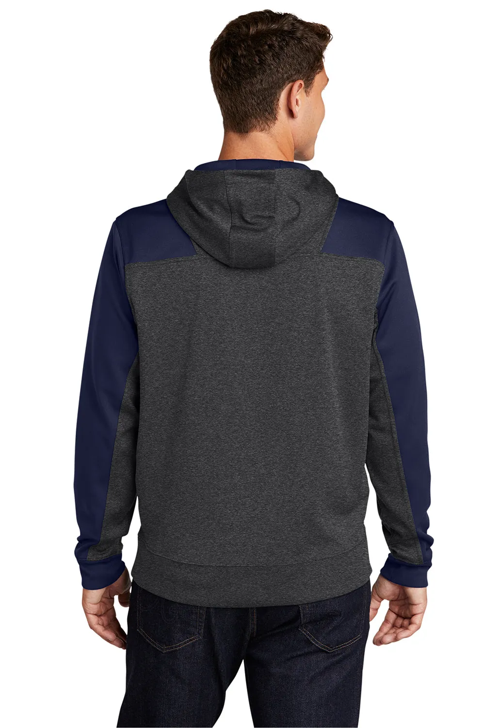 Sport-Tek Mens Tech Moisture Wicking Fleece 1/4 Zip Hooded Sweatshirt Hoodie w/ Patch Pocket - Heather Graphite Grey/True Navy Blue Clothing Sport-Tek