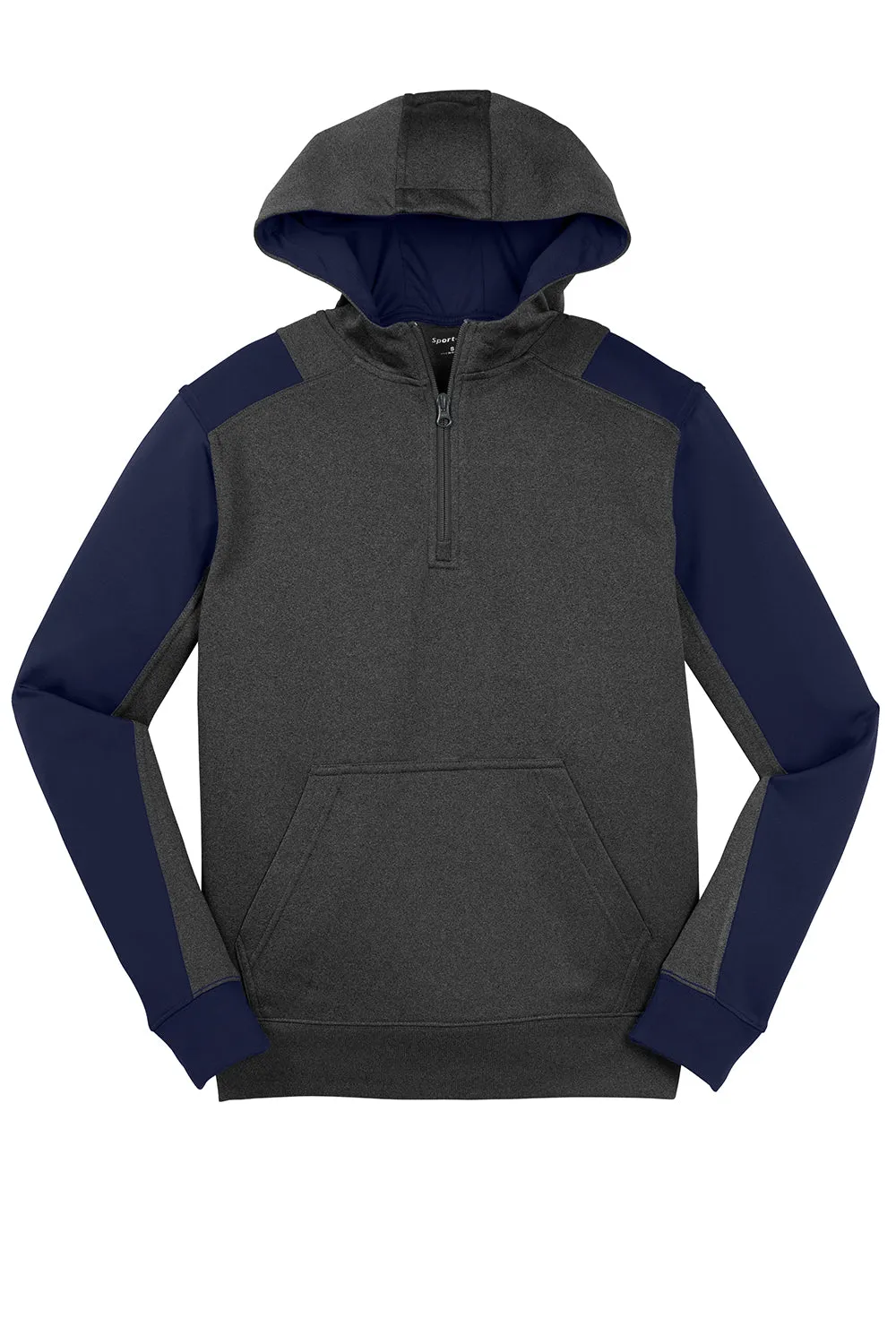 Sport-Tek Mens Tech Moisture Wicking Fleece 1/4 Zip Hooded Sweatshirt Hoodie w/ Patch Pocket - Heather Graphite Grey/True Navy Blue Clothing Sport-Tek