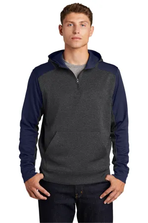 Sport-Tek Mens Tech Moisture Wicking Fleece 1/4 Zip Hooded Sweatshirt Hoodie w/ Patch Pocket - Heather Graphite Grey/True Navy Blue Clothing Sport-Tek
