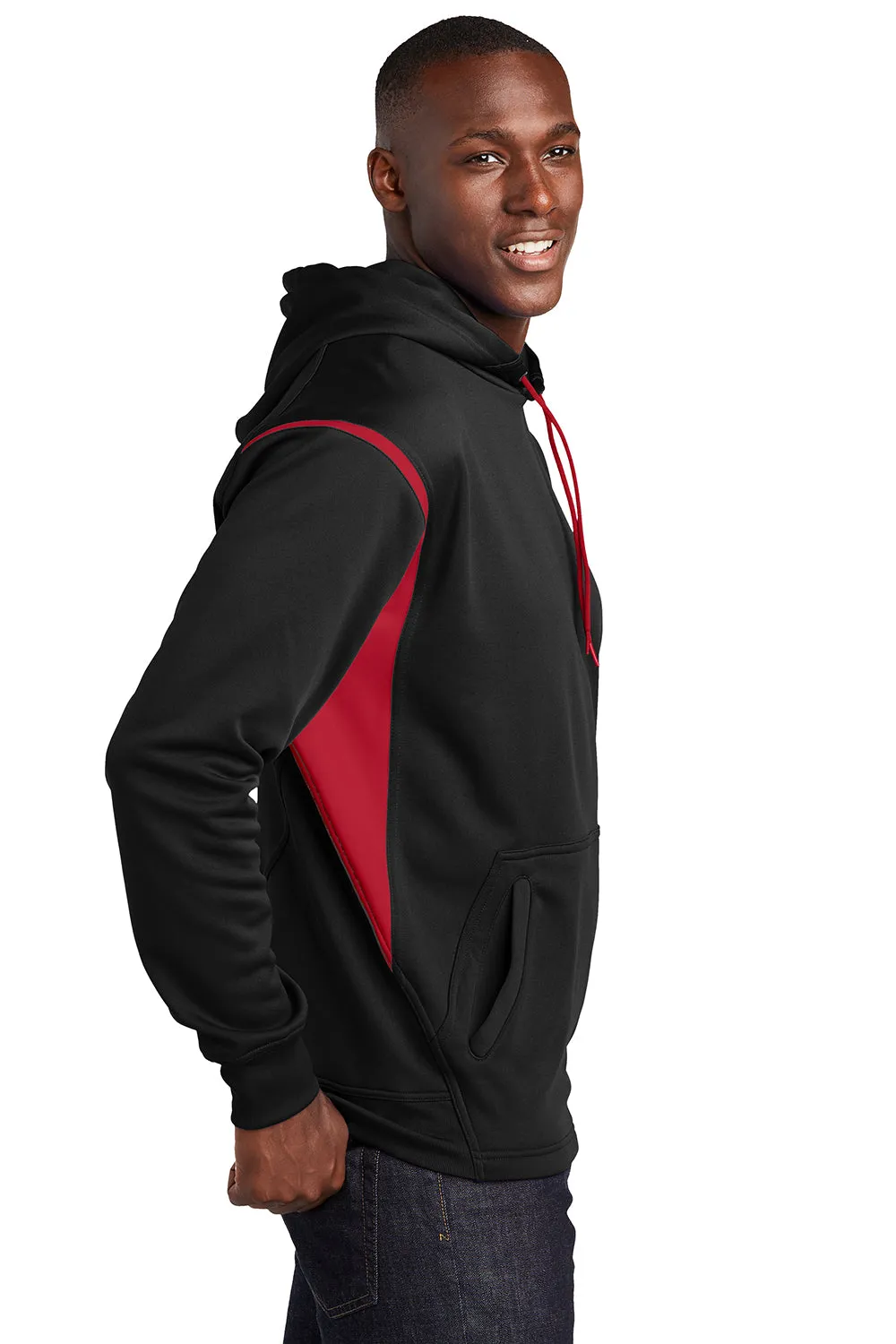 Sport-Tek Mens Tech Moisture Wicking Fleece Hooded Sweatshirt Hoodie w/ Pouch Pocket - Black/True Red Clothing Sport-Tek