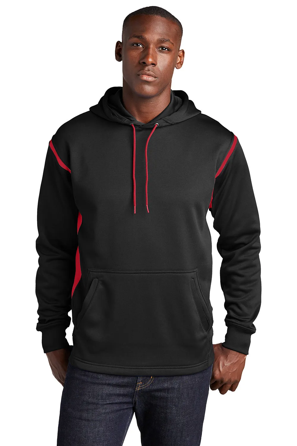 Sport-Tek Mens Tech Moisture Wicking Fleece Hooded Sweatshirt Hoodie w/ Pouch Pocket - Black/True Red Clothing Sport-Tek