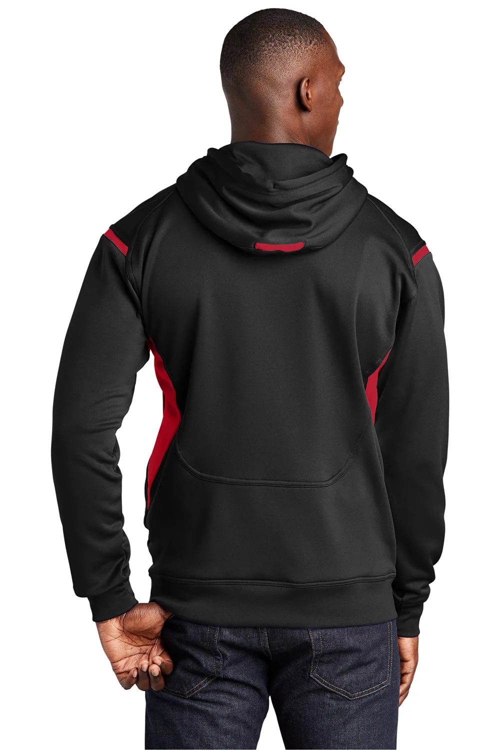 Sport-Tek Mens Tech Moisture Wicking Fleece Hooded Sweatshirt Hoodie w/ Pouch Pocket - Black/True Red Clothing Sport-Tek