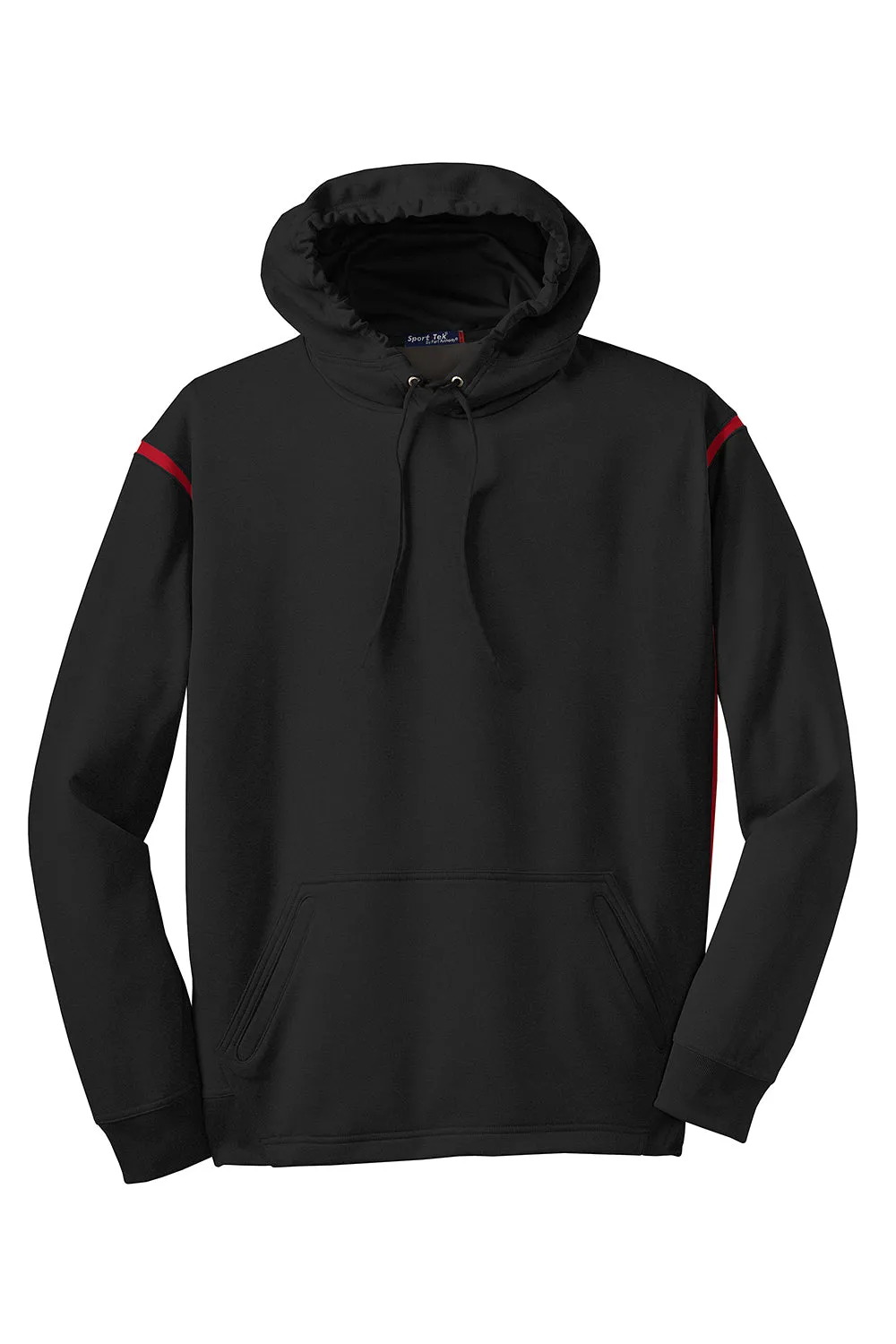 Sport-Tek Mens Tech Moisture Wicking Fleece Hooded Sweatshirt Hoodie w/ Pouch Pocket - Black/True Red Clothing Sport-Tek