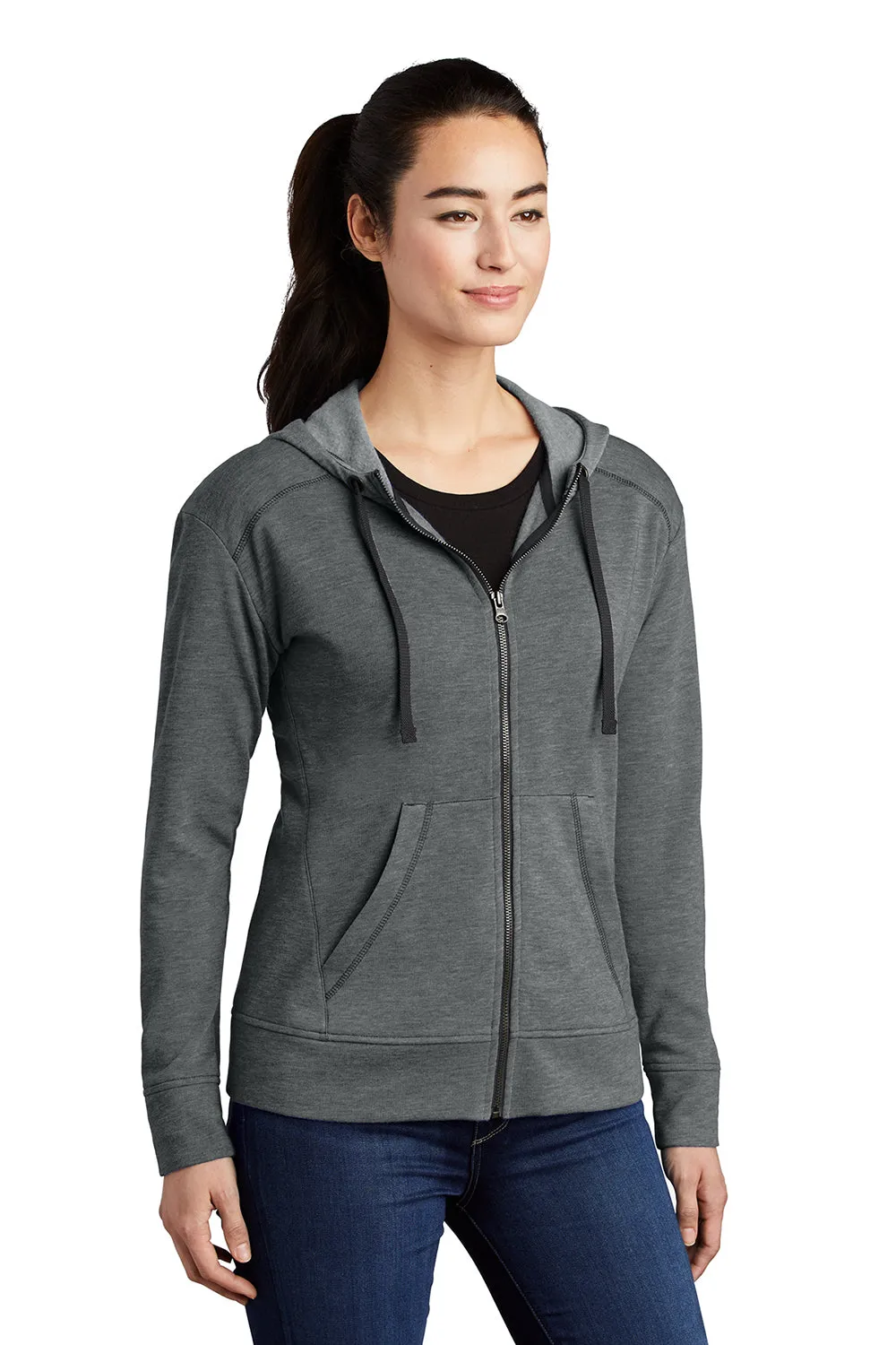 Sport-Tek Womens Moisture Wicking Fleece Full Zip Hooded Sweatshirt Hoodie w/ Pockets - Heather Dark Grey
