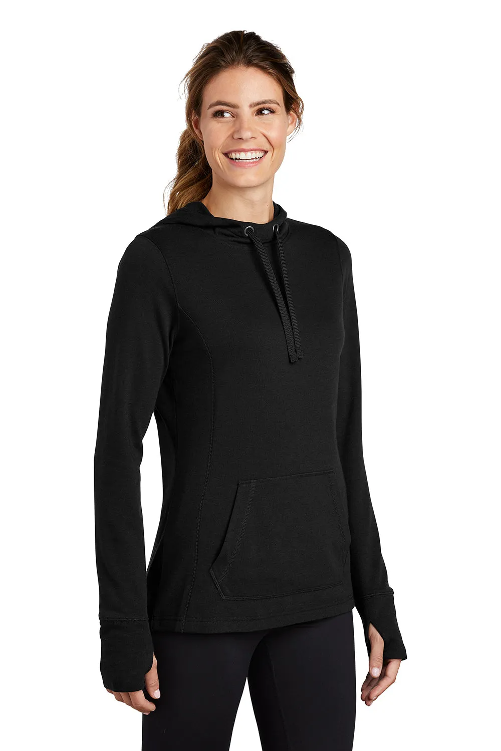 Sport-Tek Womens Moisture Wicking Fleece Hooded Sweatshirt Hoodie w/ Pouch Pocket - Black Clothing Sport-Tek