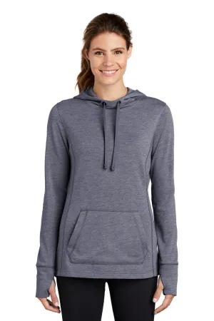 Sport-Tek Womens Moisture Wicking Fleece Hooded Sweatshirt Hoodie w/ Pouch Pocket - Heather True Navy Blue - Closeout Clothing Sport-Tek