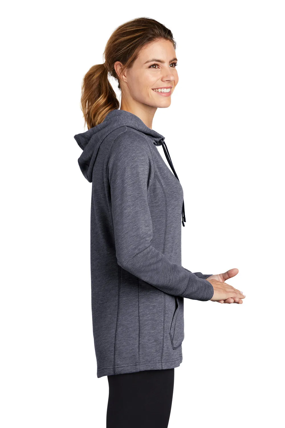 Sport-Tek Womens Moisture Wicking Fleece Hooded Sweatshirt Hoodie w/ Pouch Pocket - Heather True Navy Blue - Closeout Clothing Sport-Tek