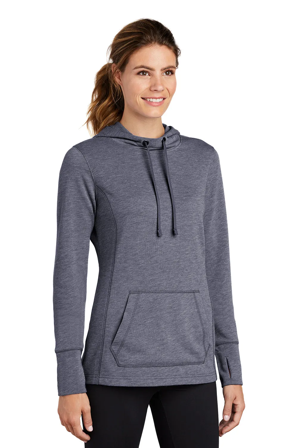 Sport-Tek Womens Moisture Wicking Fleece Hooded Sweatshirt Hoodie w/ Pouch Pocket - Heather True Navy Blue - Closeout Clothing Sport-Tek