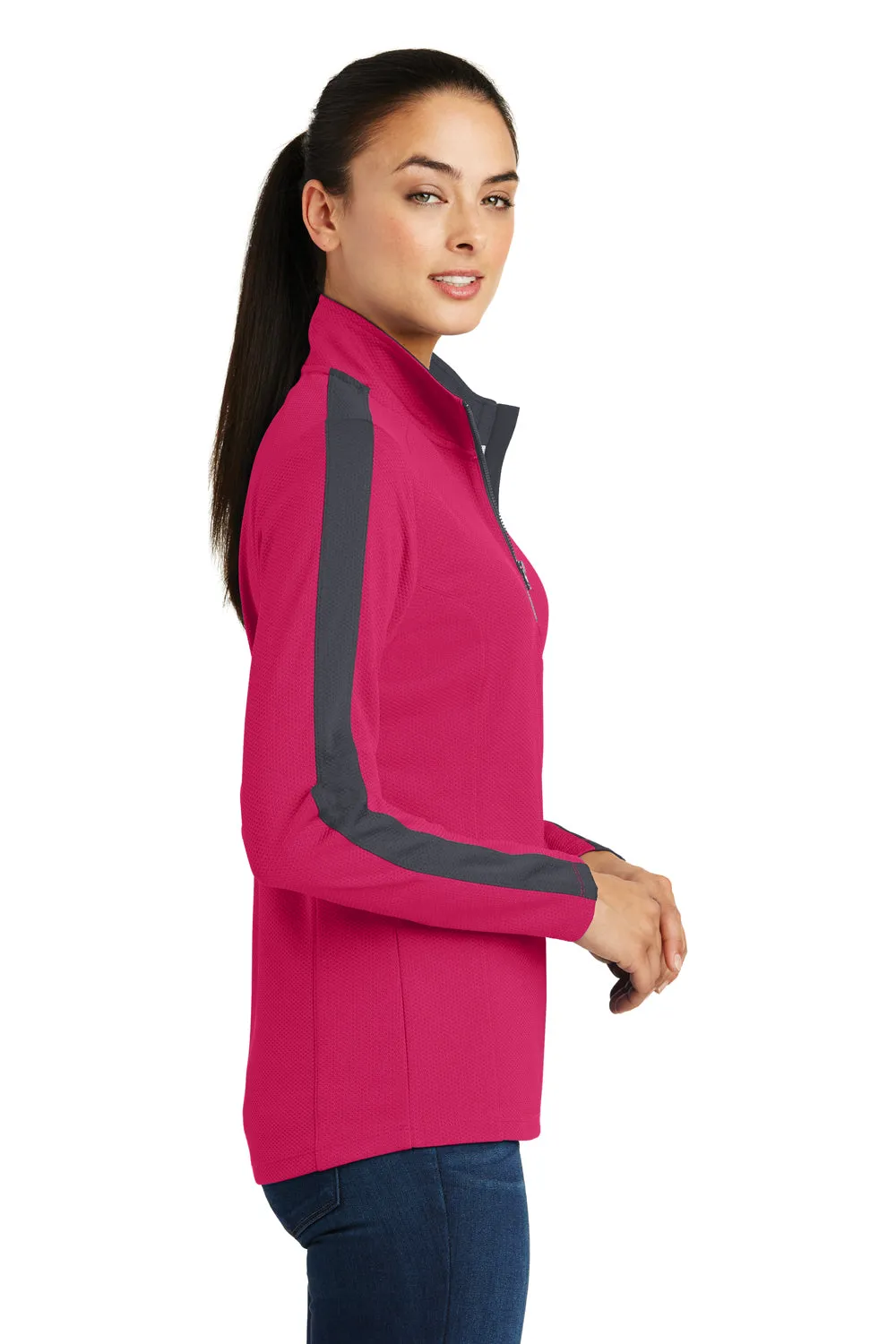 Sport-Tek Womens Sport-Wick Moisture Wicking 1/4 Zip Sweatshirt - Raspberry Pink/Iron Grey - Closeout