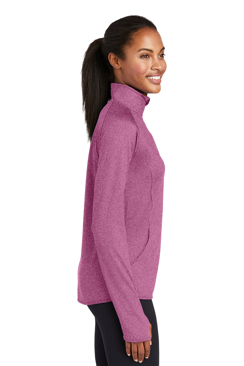 Sport-Tek Womens Sport-Wick Moisture Wicking 1/4 Zip Sweatshirt w/ Pouch Pocket - Heather Pink Rush