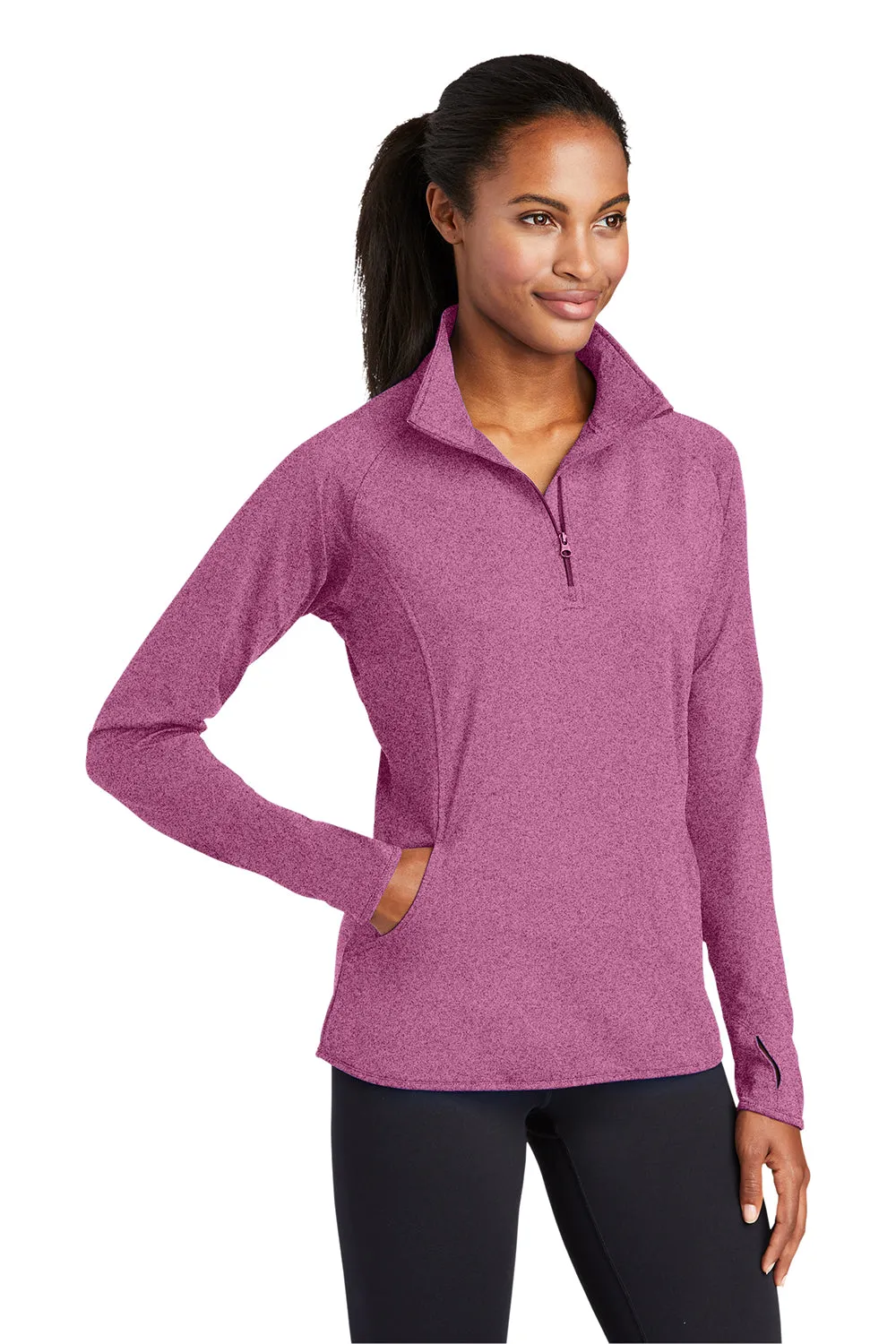 Sport-Tek Womens Sport-Wick Moisture Wicking 1/4 Zip Sweatshirt w/ Pouch Pocket - Heather Pink Rush
