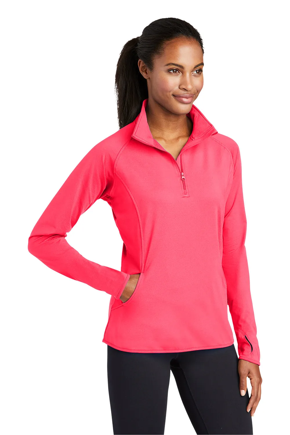 Sport-Tek Womens Sport-Wick Moisture Wicking 1/4 Zip Sweatshirt w/ Pouch Pocket - Hot Coral Pink