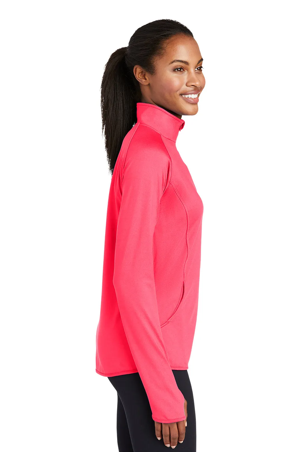 Sport-Tek Womens Sport-Wick Moisture Wicking 1/4 Zip Sweatshirt w/ Pouch Pocket - Hot Coral Pink