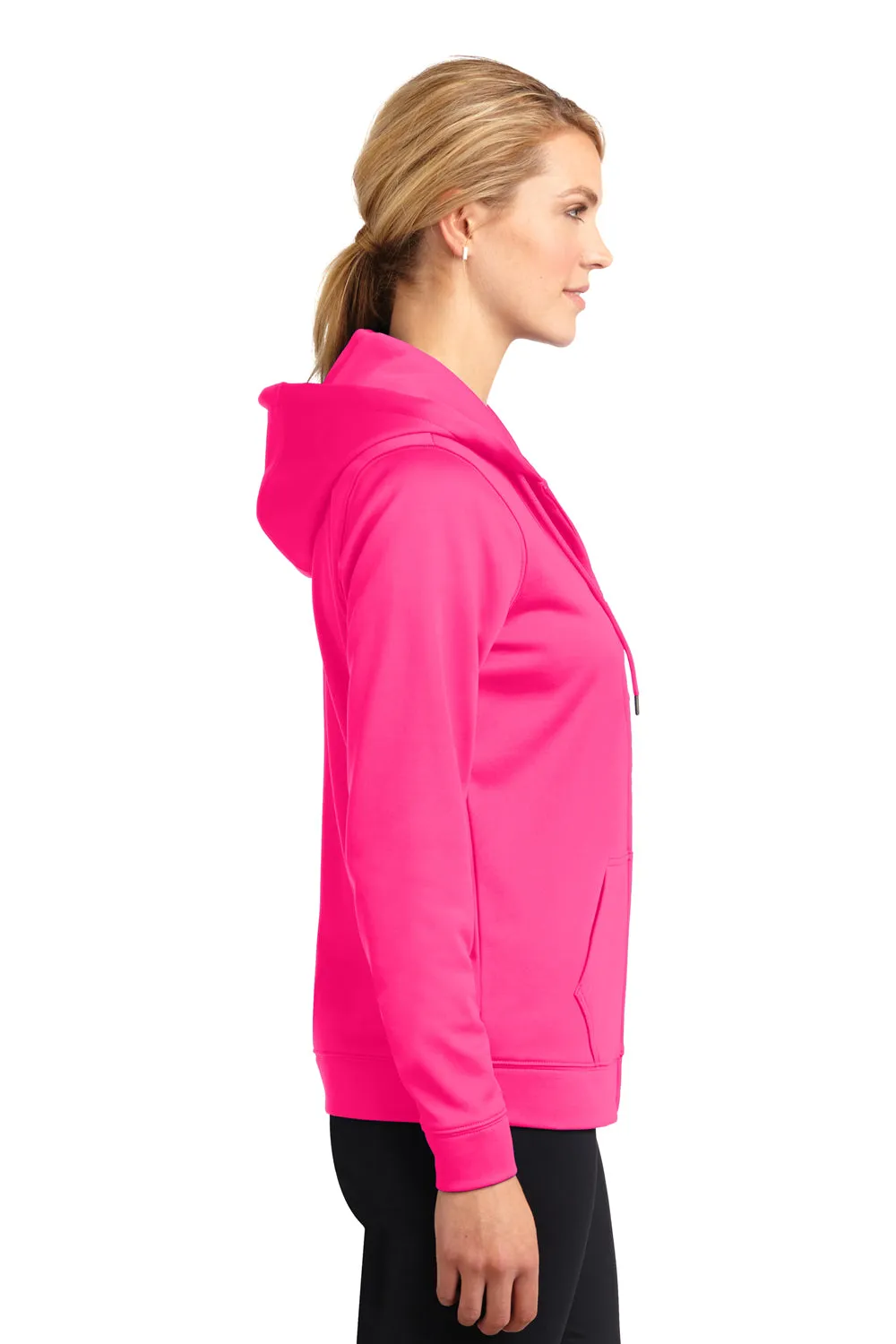 Sport-Tek Womens Sport-Wick Moisture Wicking Fleece Full Zip Hooded Sweatshirt Hoodie w/ Pockets - Neon Pink - Closeout