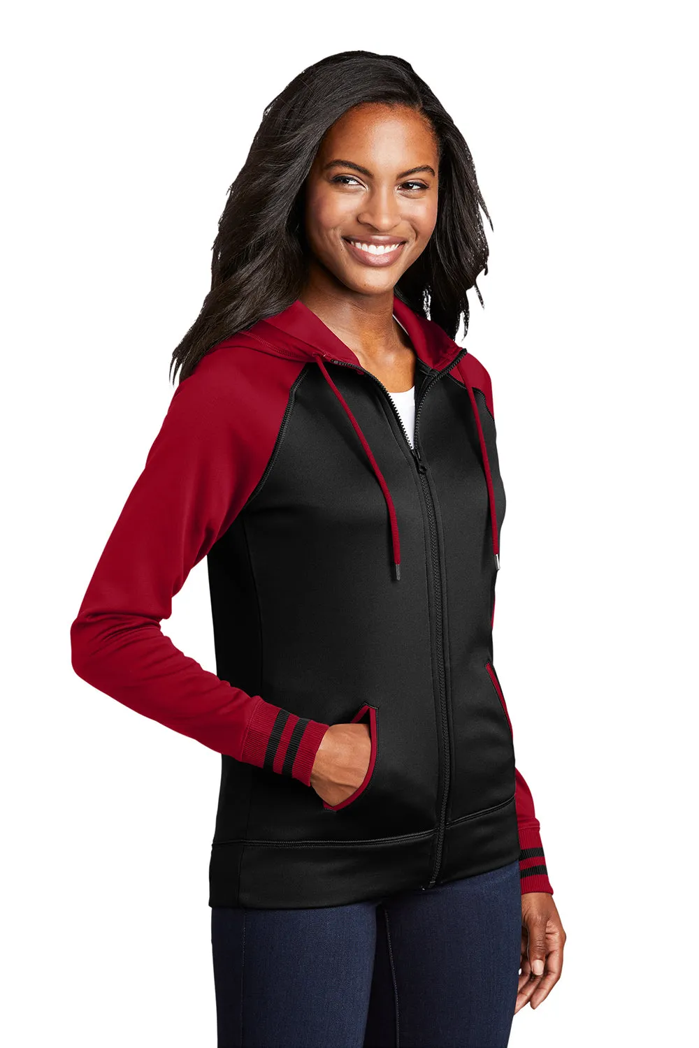 Sport-Tek Womens Sport-Wick Moisture Wicking Fleece Hooded Sweatshirt Hoodie w/ Pockets - Black/Deep Red