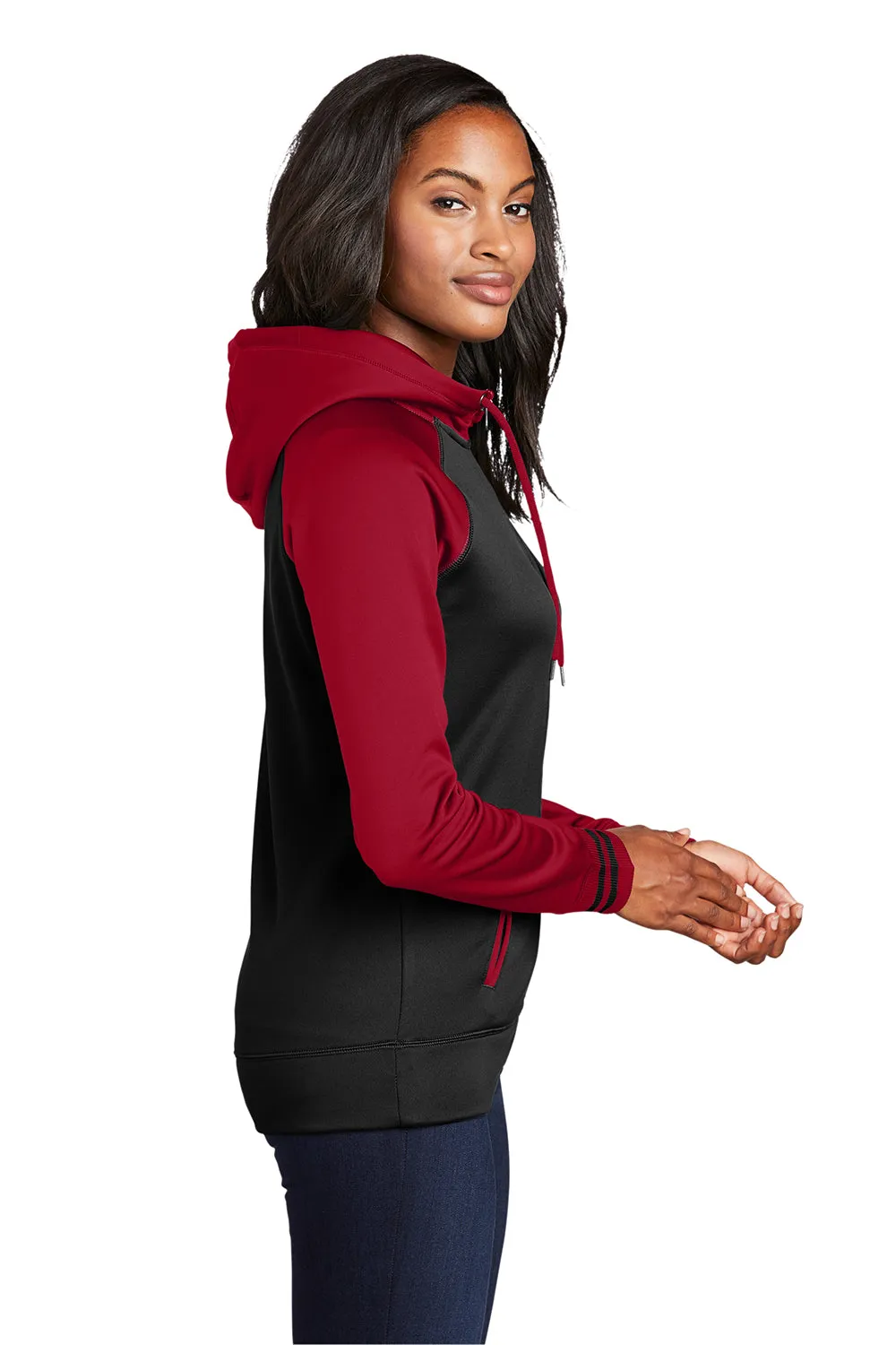 Sport-Tek Womens Sport-Wick Moisture Wicking Fleece Hooded Sweatshirt Hoodie w/ Pockets - Black/Deep Red