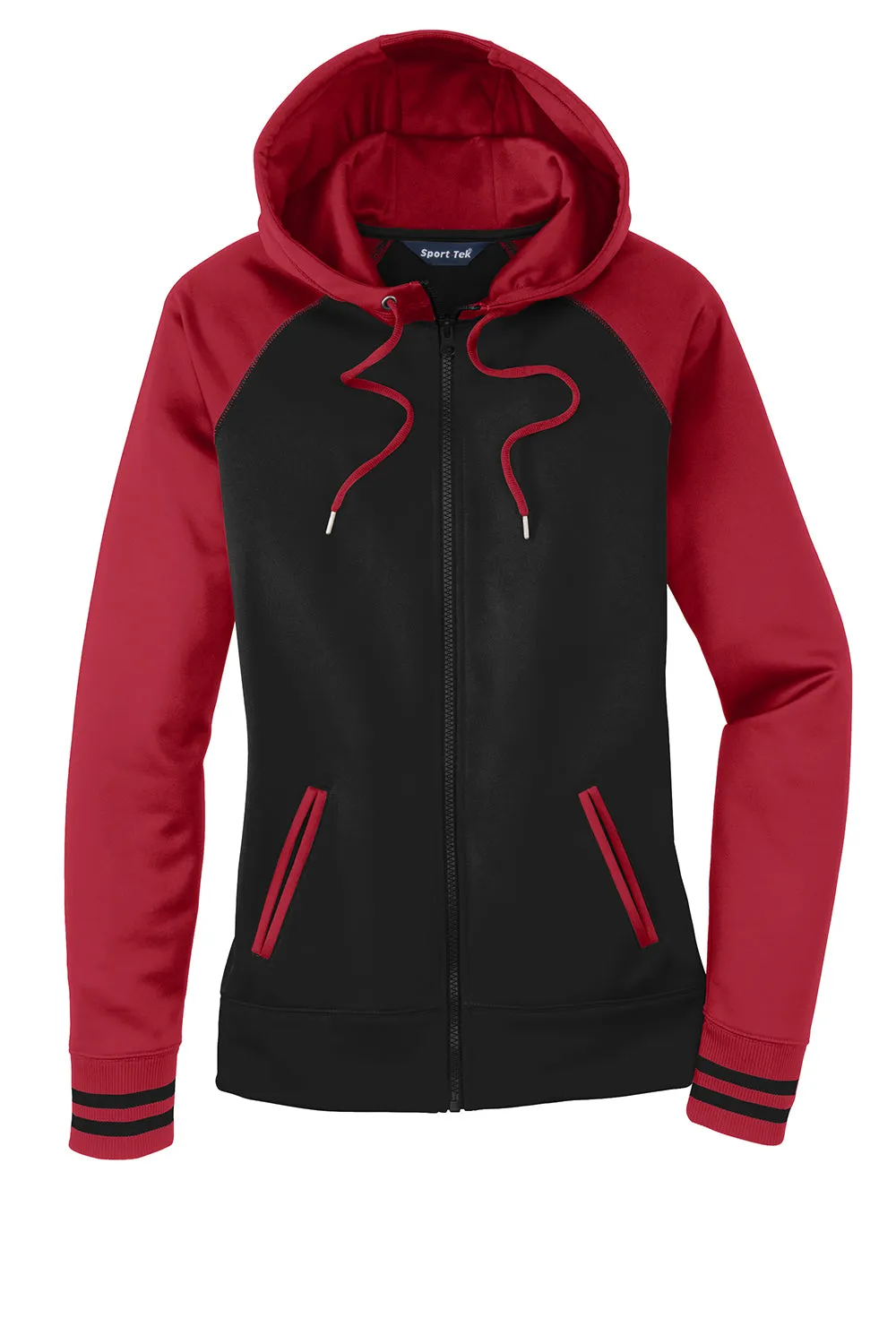 Sport-Tek Womens Sport-Wick Moisture Wicking Fleece Hooded Sweatshirt Hoodie w/ Pockets - Black/Deep Red