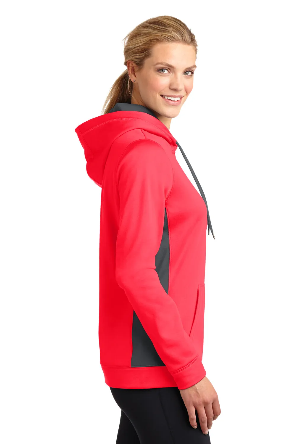 Sport-Tek Womens Sport-Wick Moisture Wicking Fleece Hooded Sweatshirt Hoodie w/ Pouch Pocket - Hot Coral Pink/Dark Smoke Grey - Closeout