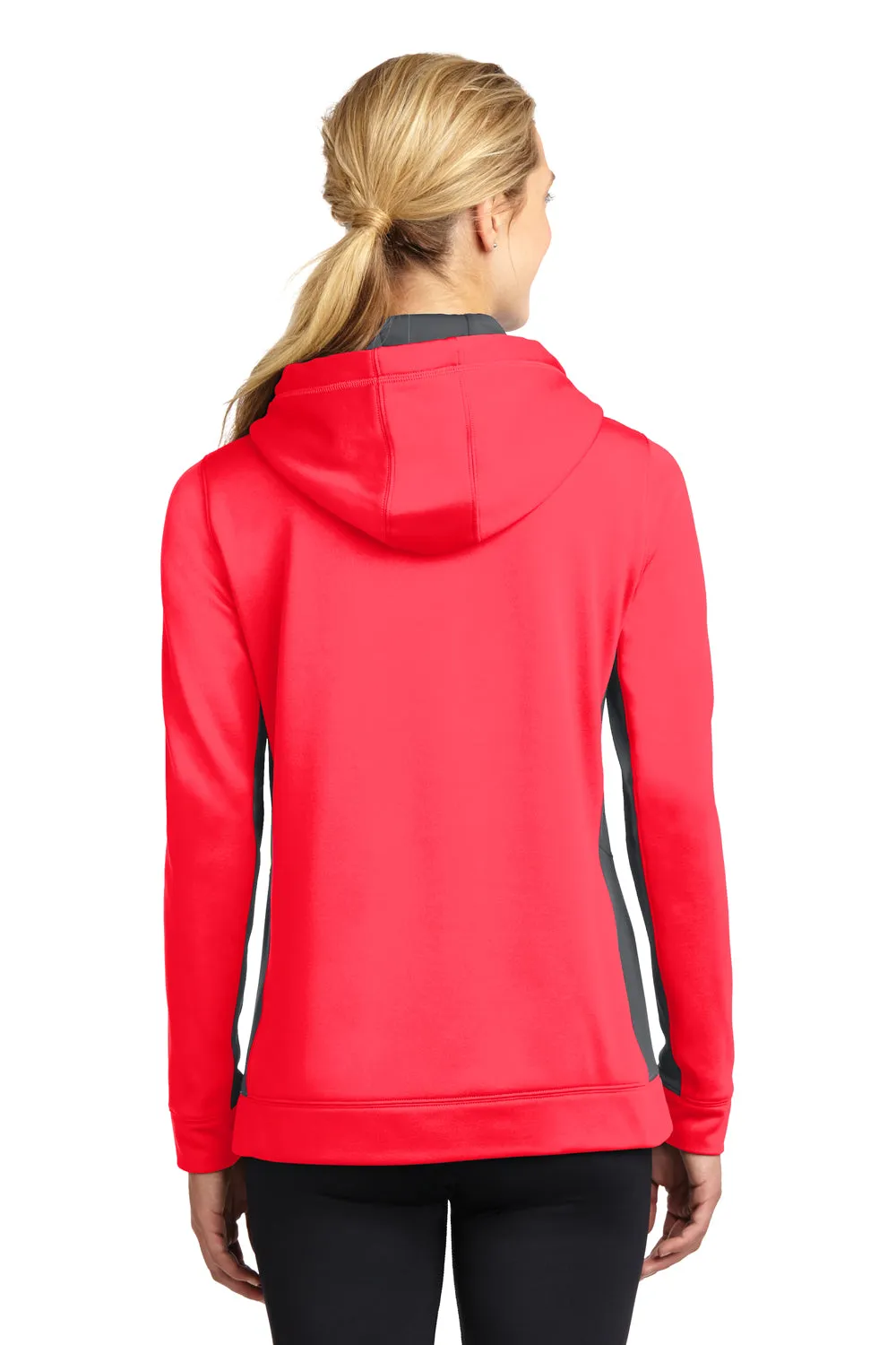 Sport-Tek Womens Sport-Wick Moisture Wicking Fleece Hooded Sweatshirt Hoodie w/ Pouch Pocket - Hot Coral Pink/Dark Smoke Grey - Closeout