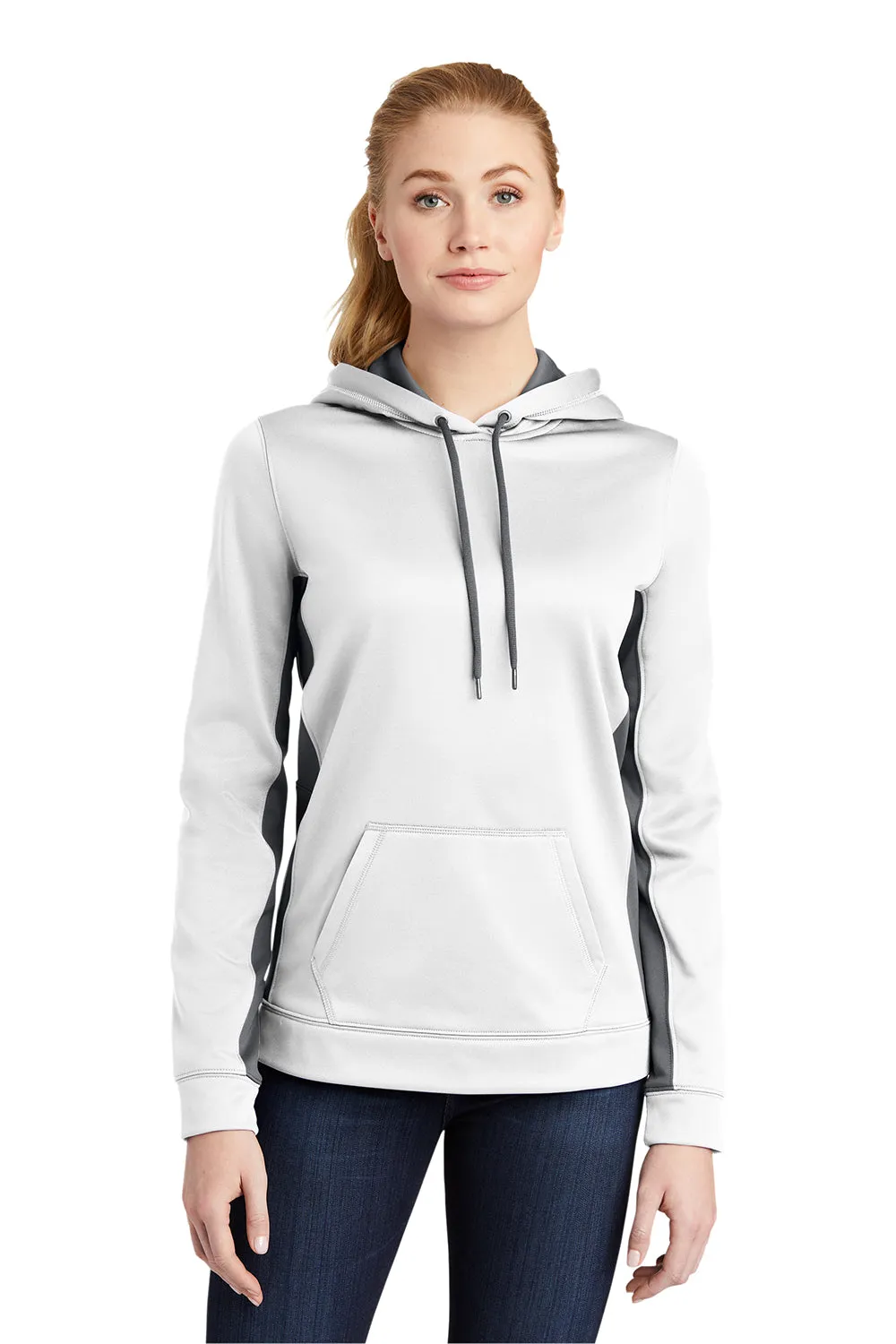 Sport-Tek Womens Sport-Wick Moisture Wicking Fleece Hooded Sweatshirt Hoodie w/ Pouch Pocket - White/Dark Smoke Grey - Closeout Clothing Sport-Tek