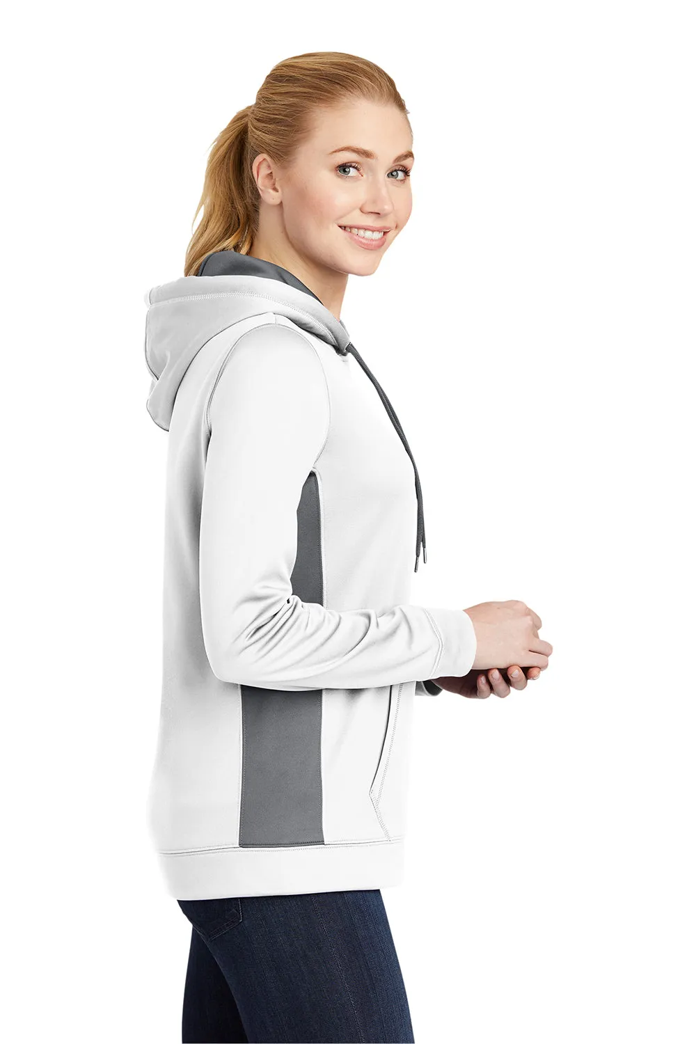 Sport-Tek Womens Sport-Wick Moisture Wicking Fleece Hooded Sweatshirt Hoodie w/ Pouch Pocket - White/Dark Smoke Grey - Closeout Clothing Sport-Tek