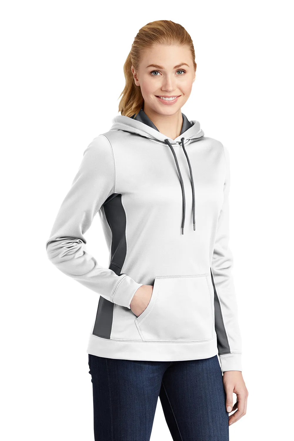 Sport-Tek Womens Sport-Wick Moisture Wicking Fleece Hooded Sweatshirt Hoodie w/ Pouch Pocket - White/Dark Smoke Grey - Closeout Clothing Sport-Tek