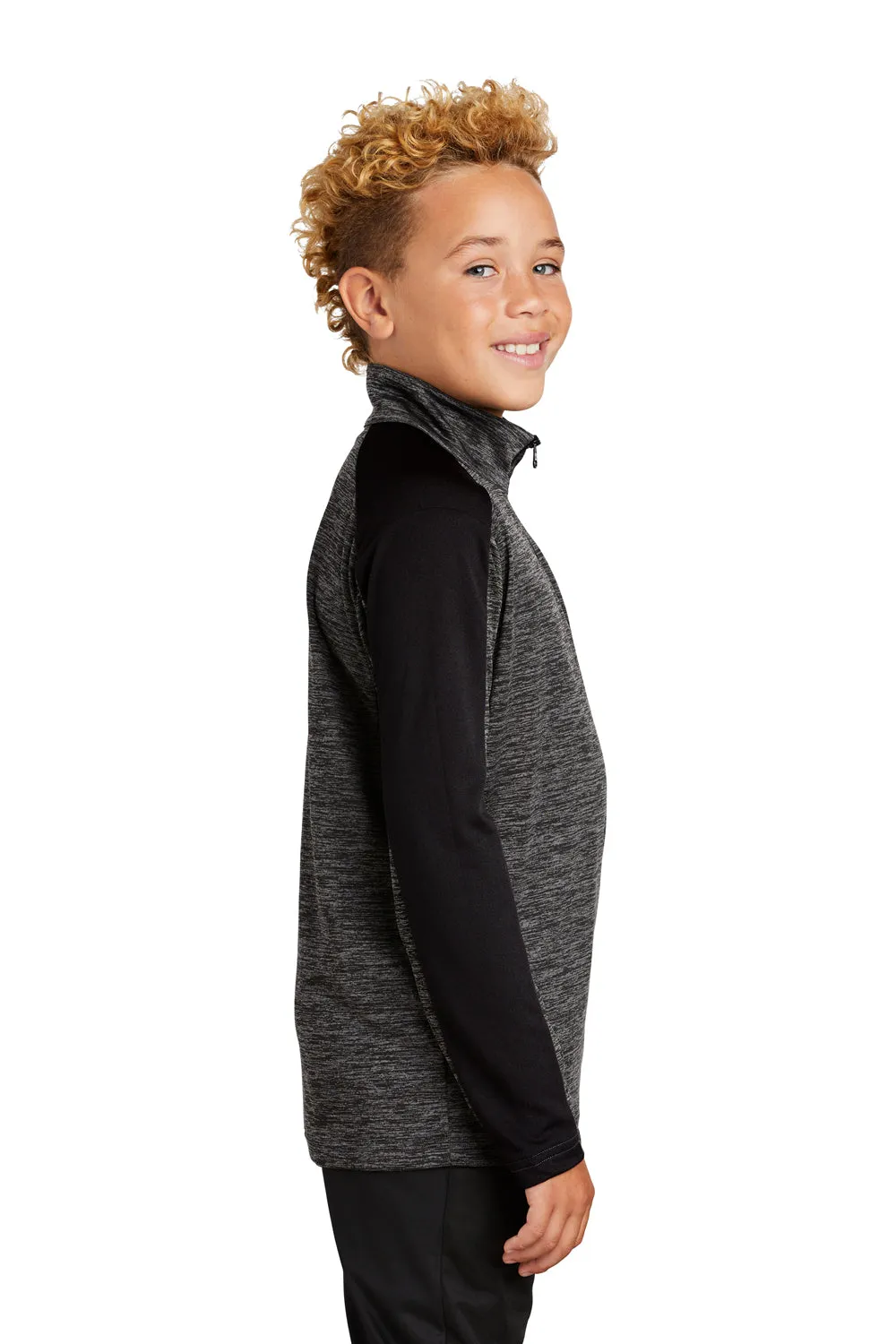 Sport-Tek Youth Electric Heather Moisture Wicking 1/4 Zip Sweatshirt - Grey Black Electric/Black