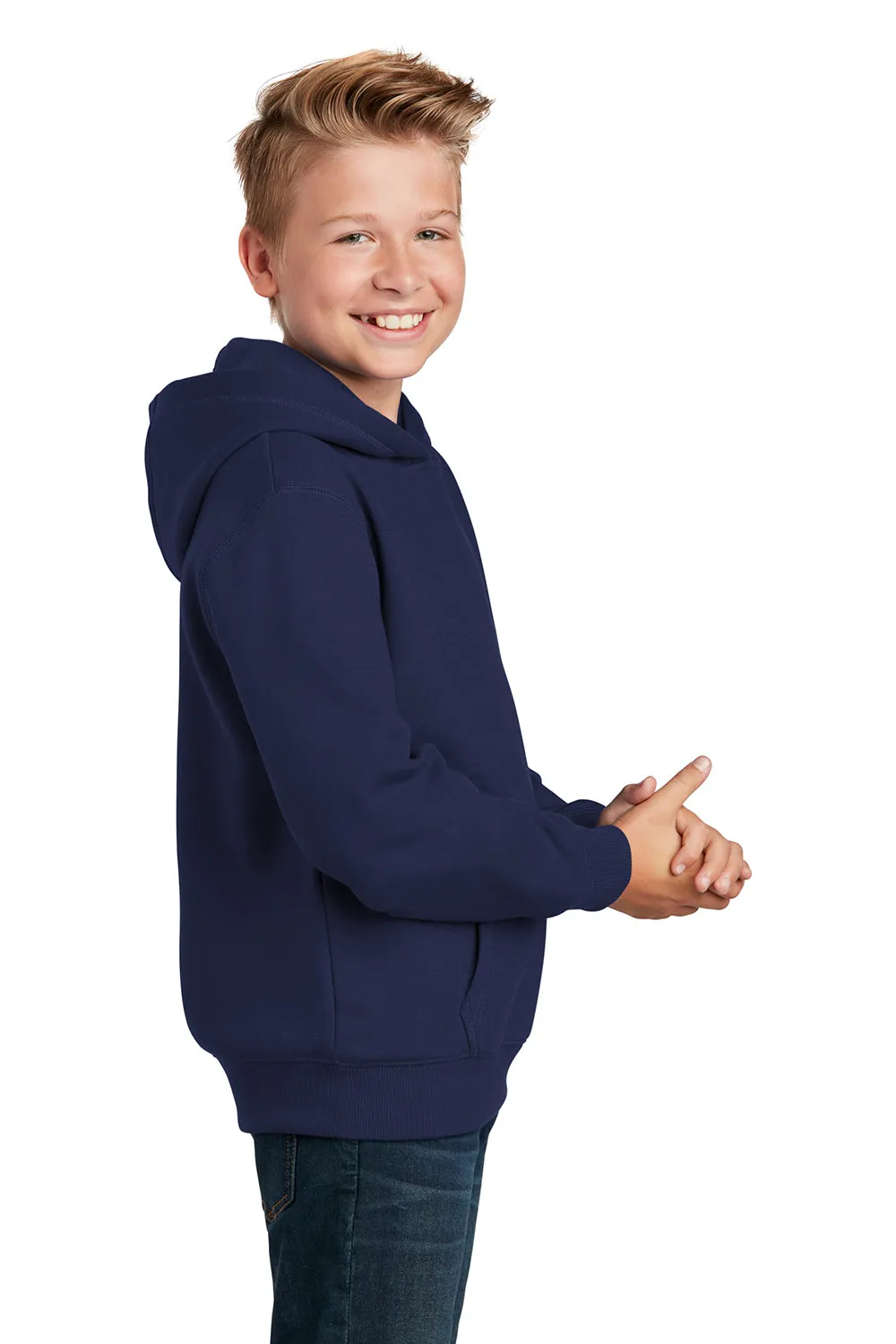 Sport-Tek Youth Shrink Resistant Fleece Hooded Sweatshirt Hoodie w/ Pouch Pocket - True Navy Blue