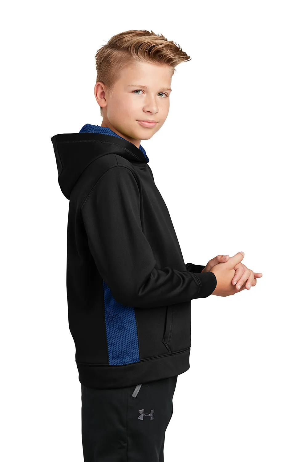 Sport-Tek Youth Sport-Wick CamoHex Moisture Wicking Fleece Hooded Sweatshirt Hoodie w/ Pouch Pocket - Black/True Royal Blue