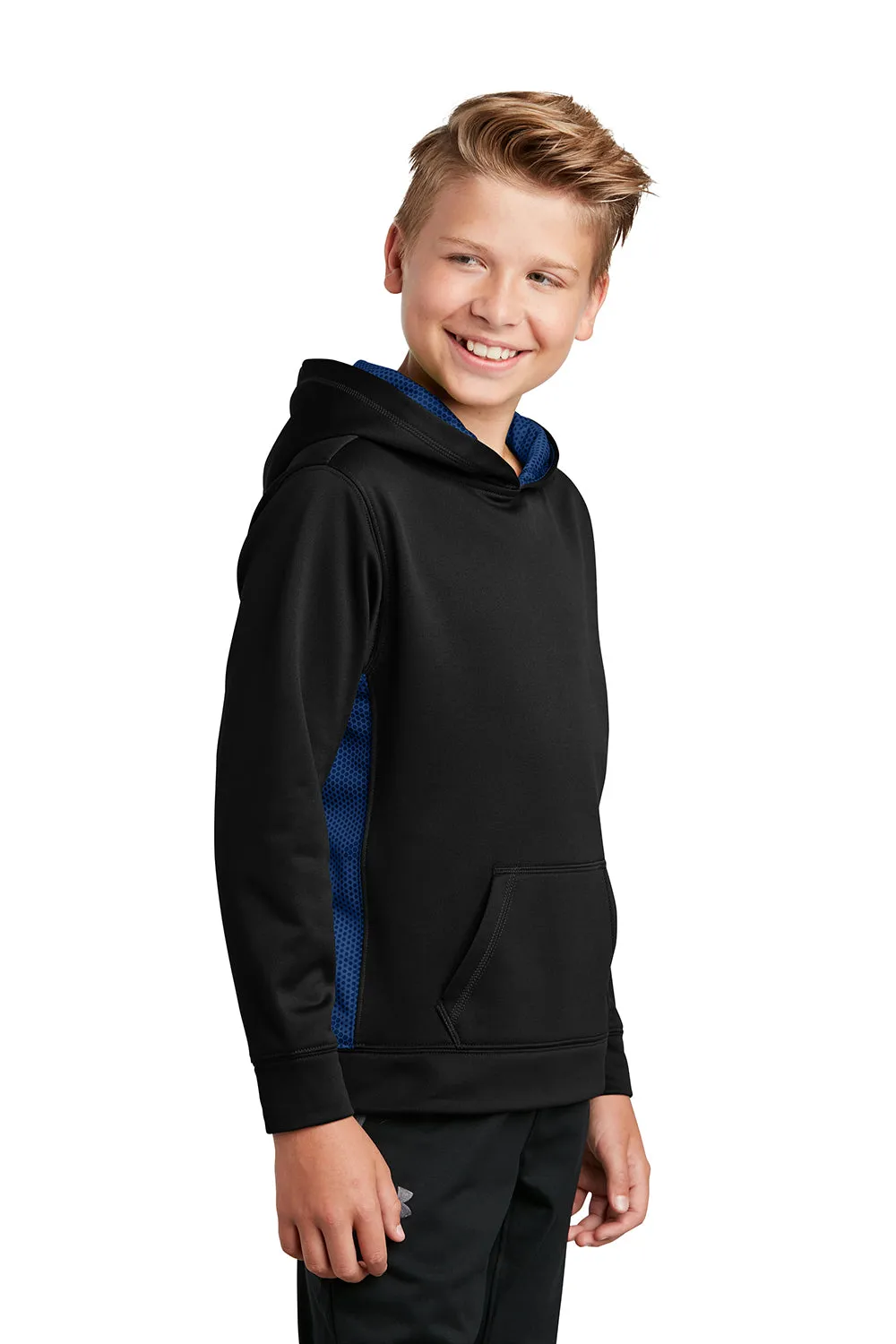 Sport-Tek Youth Sport-Wick CamoHex Moisture Wicking Fleece Hooded Sweatshirt Hoodie w/ Pouch Pocket - Black/True Royal Blue