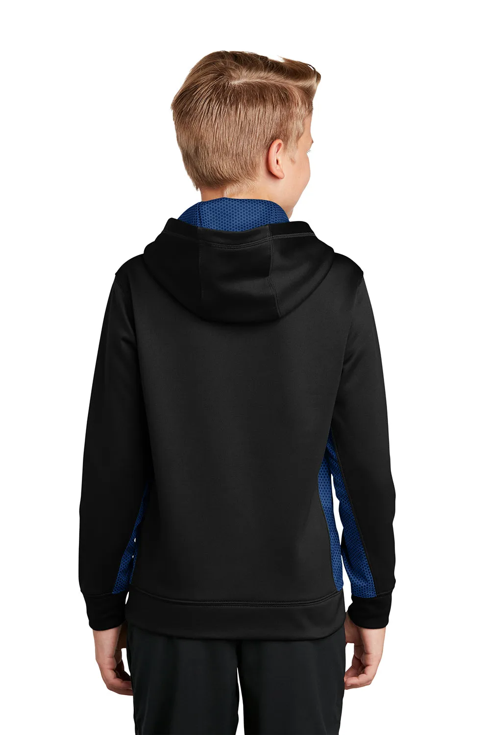 Sport-Tek Youth Sport-Wick CamoHex Moisture Wicking Fleece Hooded Sweatshirt Hoodie w/ Pouch Pocket - Black/True Royal Blue