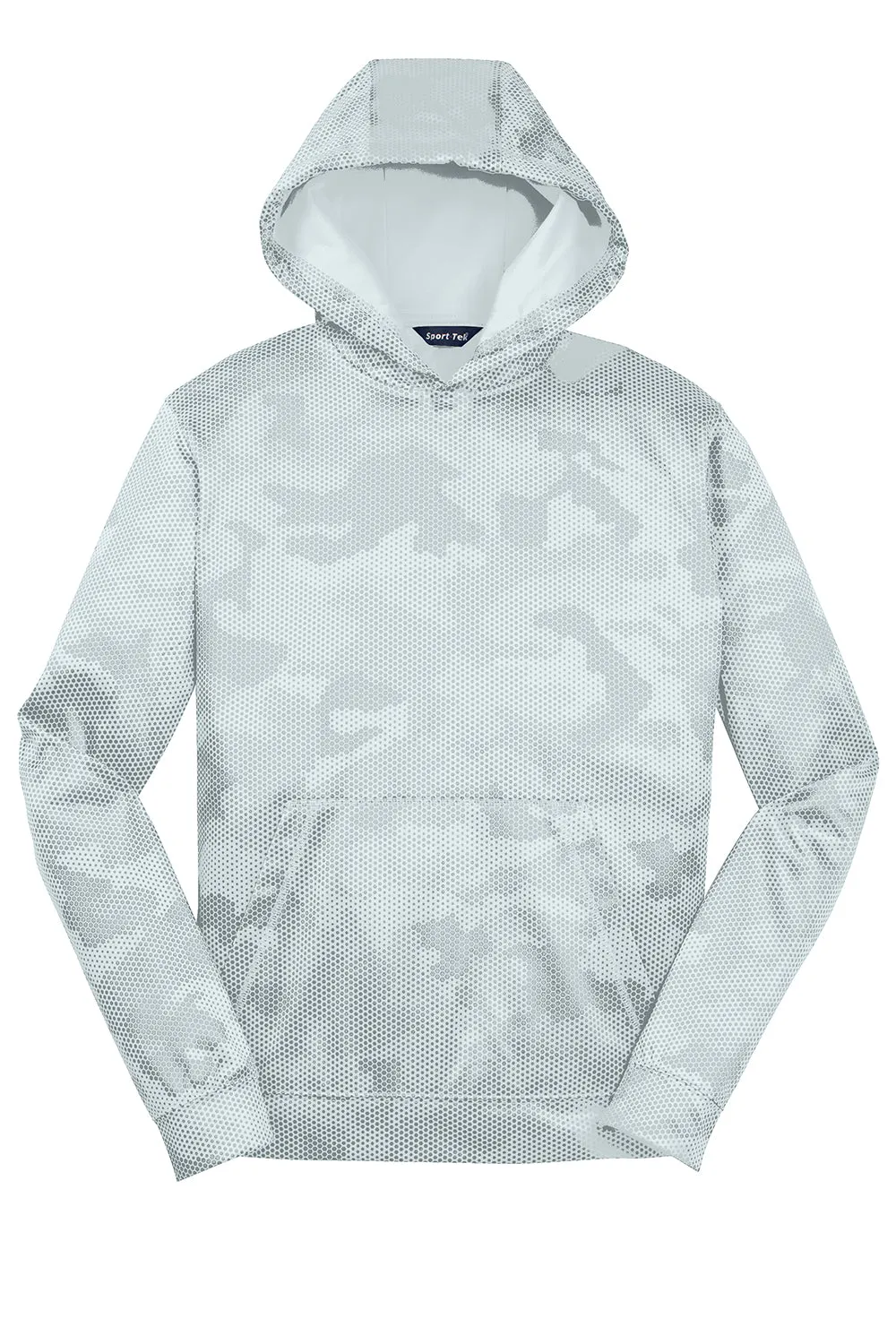 Sport-Tek Youth Sport-Wick CamoHex Moisture Wicking Fleece Hooded Sweatshirt Hoodie w/ Pouch Pocket - White