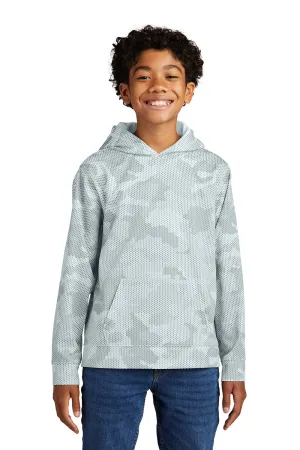 Sport-Tek Youth Sport-Wick CamoHex Moisture Wicking Fleece Hooded Sweatshirt Hoodie w/ Pouch Pocket - White