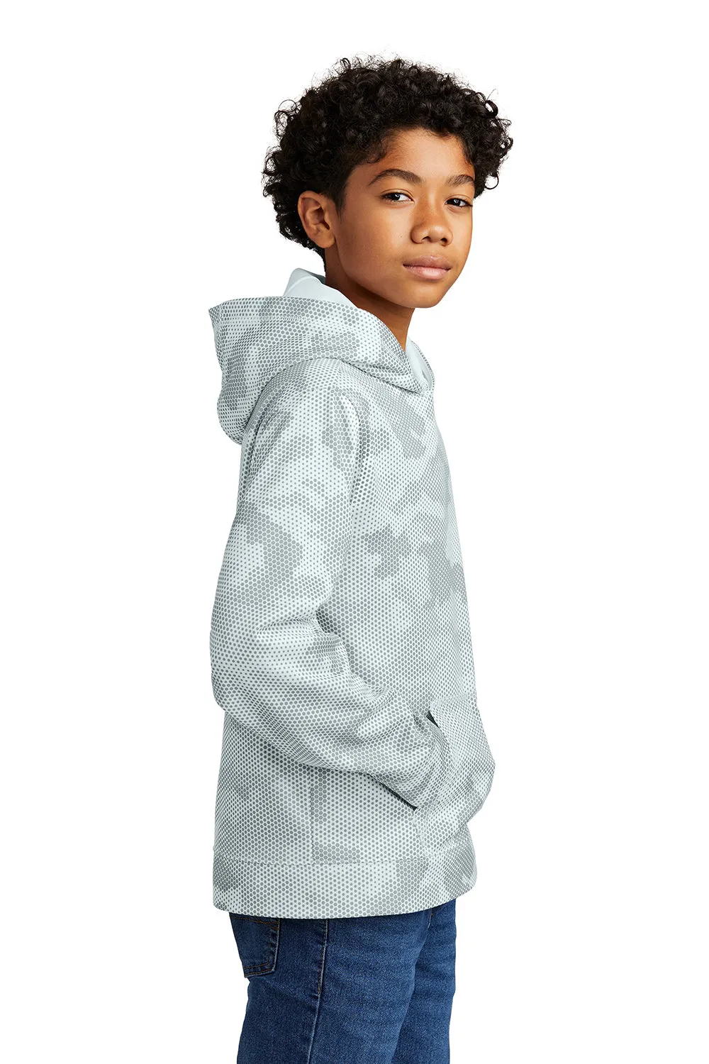 Sport-Tek Youth Sport-Wick CamoHex Moisture Wicking Fleece Hooded Sweatshirt Hoodie w/ Pouch Pocket - White