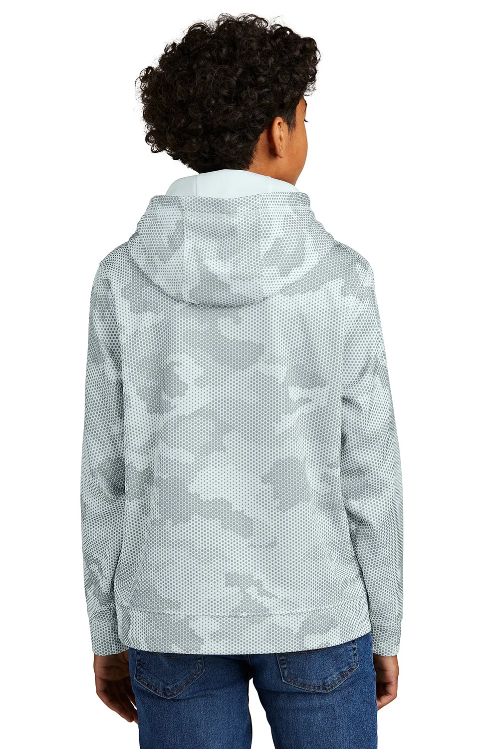 Sport-Tek Youth Sport-Wick CamoHex Moisture Wicking Fleece Hooded Sweatshirt Hoodie w/ Pouch Pocket - White