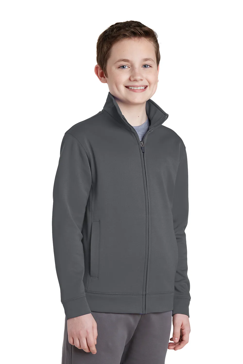Sport-Tek Youth Sport-Wick Moisture Wicking Fleece Full Zip Sweatshirt w/ Pockets - Dark Smoke Grey Clothing Sport-Tek