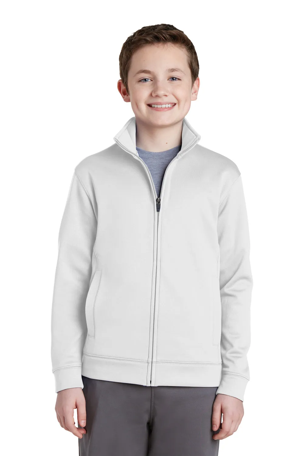 Sport-Tek Youth Sport-Wick Moisture Wicking Fleece Full Zip Sweatshirt w/ Pockets - White Clothing Sport-Tek