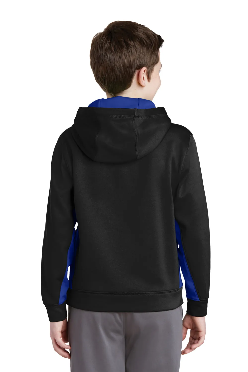 Sport-Tek Youth Sport-Wick Moisture Wicking Fleece Hooded Sweatshirt Hoodie w/ Pouch Pocket - Black/True Royal Blue