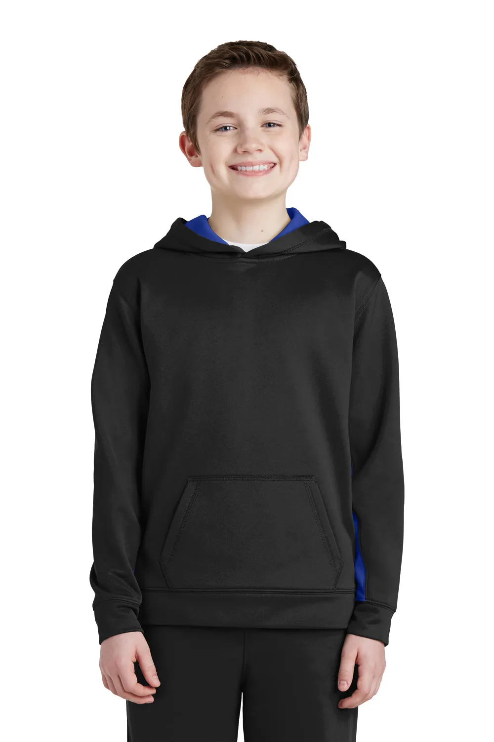 Sport-Tek Youth Sport-Wick Moisture Wicking Fleece Hooded Sweatshirt Hoodie w/ Pouch Pocket - Black/True Royal Blue