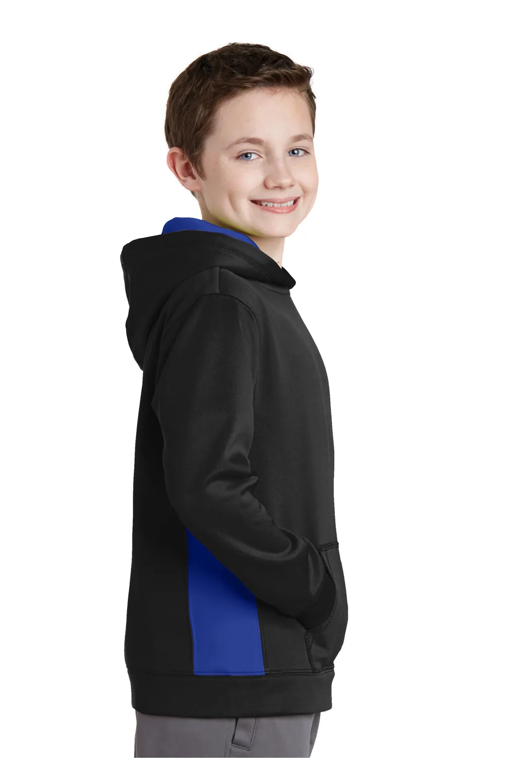 Sport-Tek Youth Sport-Wick Moisture Wicking Fleece Hooded Sweatshirt Hoodie w/ Pouch Pocket - Black/True Royal Blue