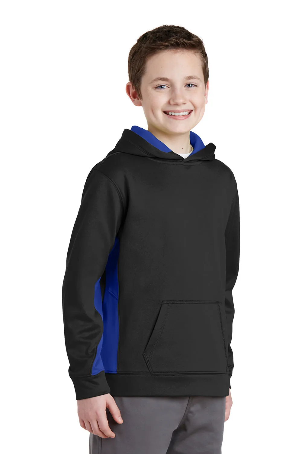 Sport-Tek Youth Sport-Wick Moisture Wicking Fleece Hooded Sweatshirt Hoodie w/ Pouch Pocket - Black/True Royal Blue