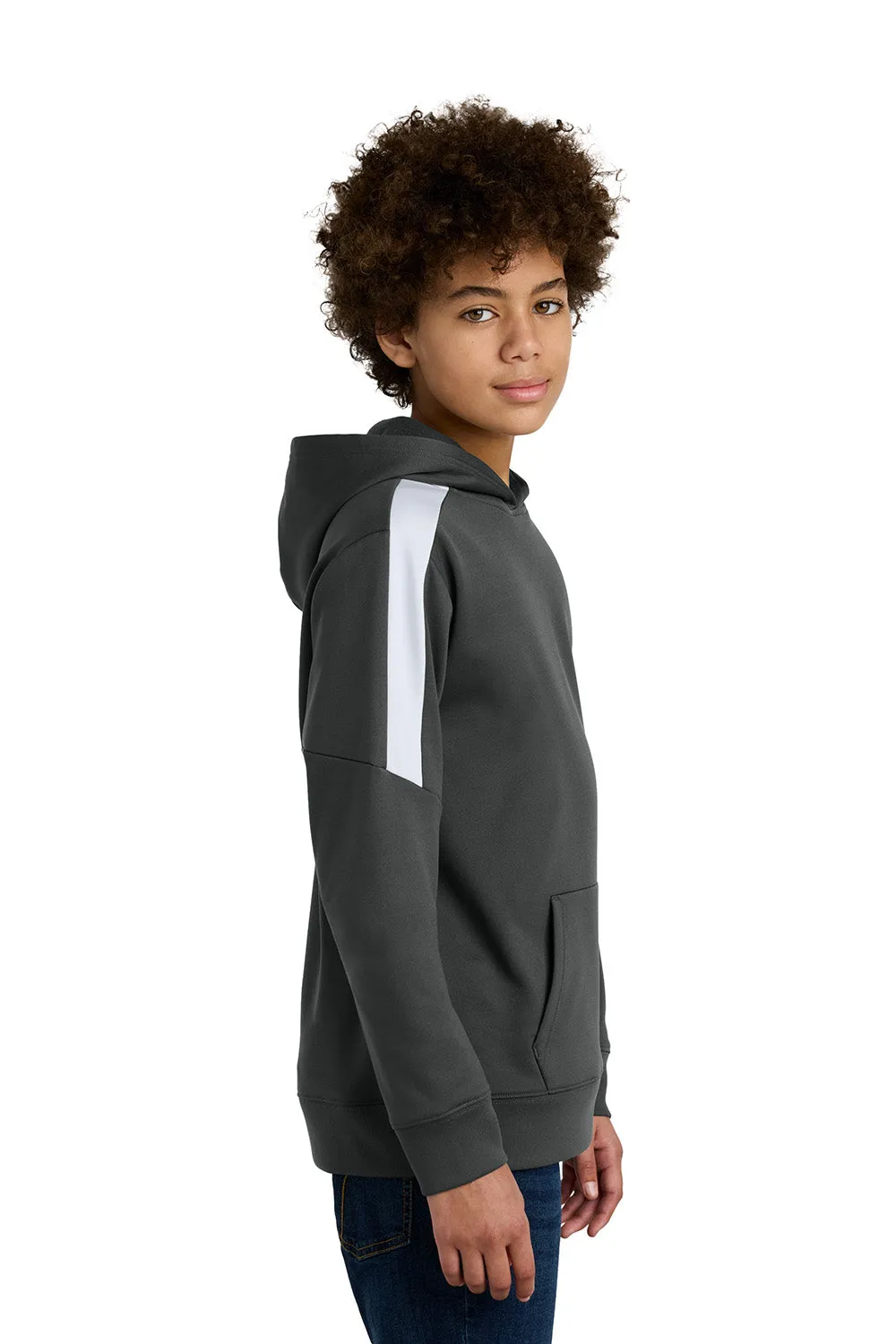 Sport-Tek Youth Sport-Wick Moisture Wicking United Fleece Hooded Sweatshirt Hoodie w/ Pouch Pocket - Iron Grey/White