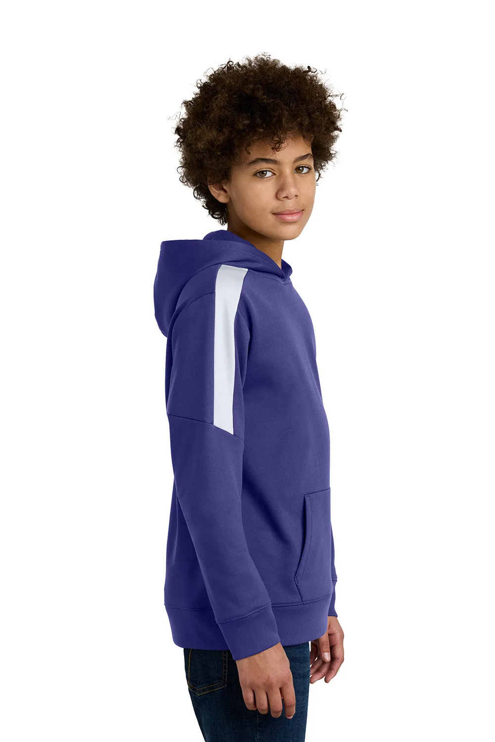 Sport-Tek Youth Sport-Wick Moisture Wicking United Fleece Hooded Sweatshirt Hoodie w/ Pouch Pocket - Purple/White