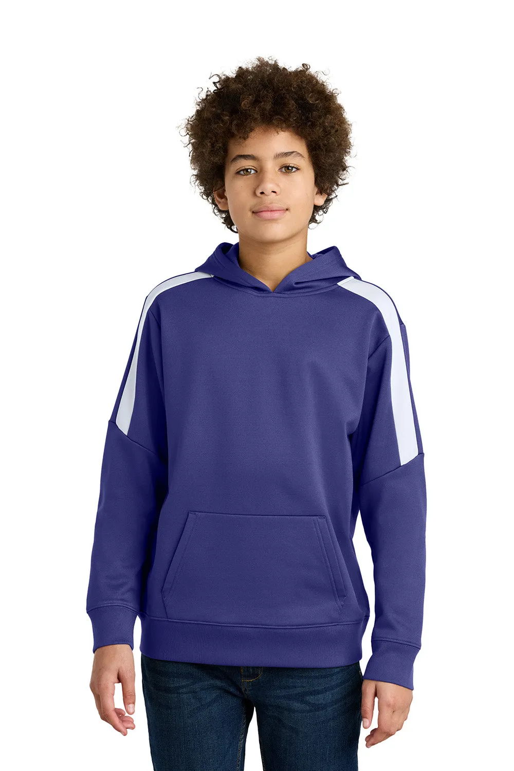 Sport-Tek Youth Sport-Wick Moisture Wicking United Fleece Hooded Sweatshirt Hoodie w/ Pouch Pocket - Purple/White