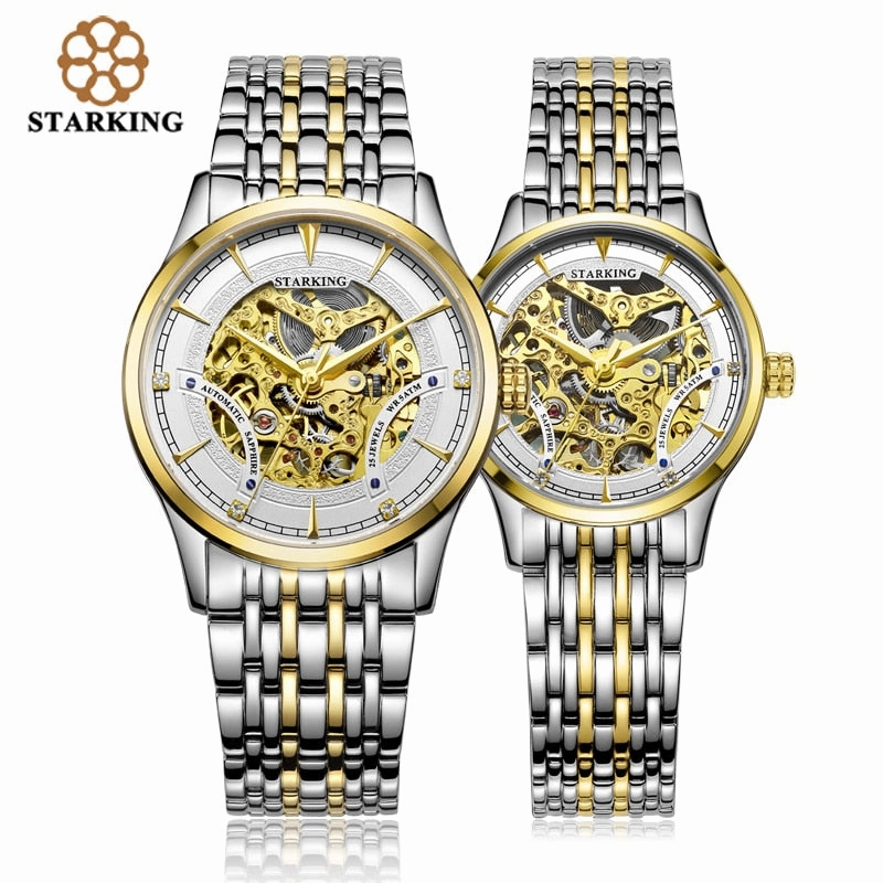 StarKing Luxury Golden Skeleton Automatic Watches Unisex Women And Men Couple Clock Stainless Steel Lover's Wrist Watch AM/L0185,seiko watches,mens watches,couple watches,watches designer,watches discount,watches for women,cople watchescouple watches luxu
