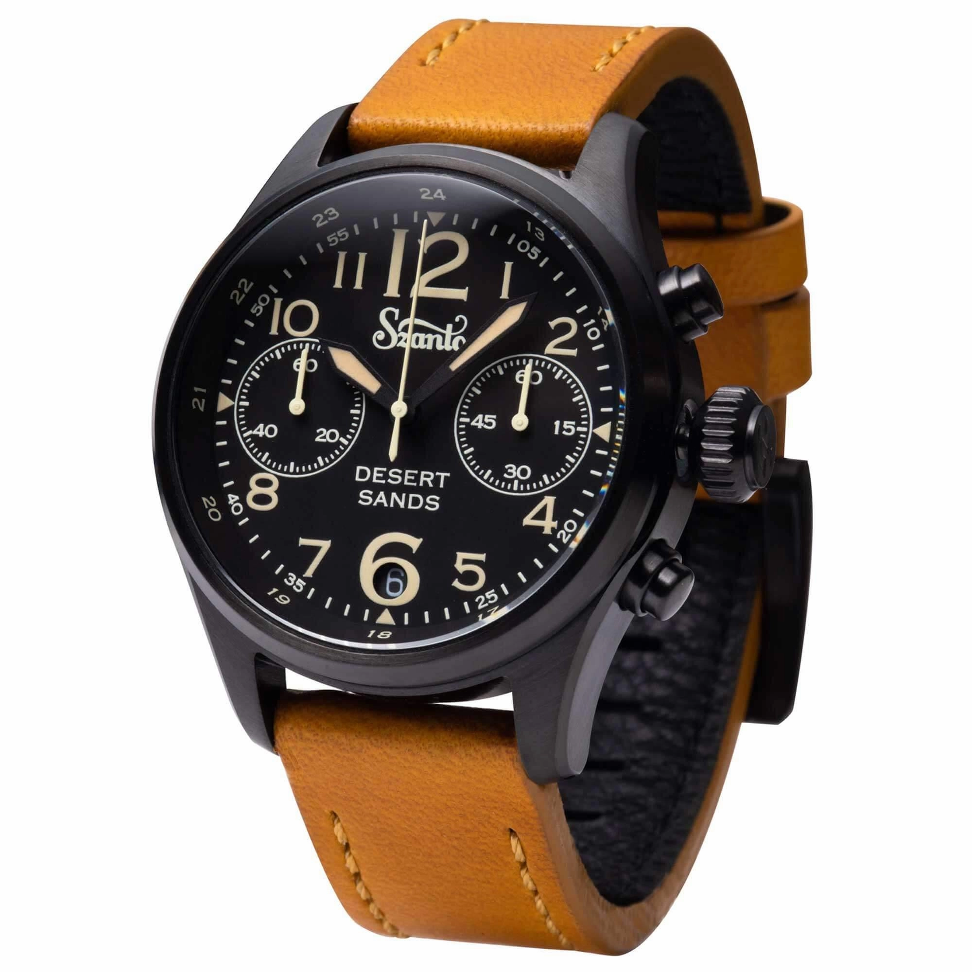 Szanto Men's Chronograph Watch - Desert Sands Black Dial Tan Leather Strap | SZ 4551