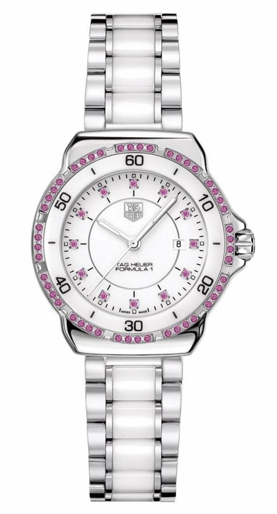 TAG Heuer Formula 1 Steel & Ceramic White Dial Date Pink Sapphire Bezel Quartz Womens Watch WAH1319.BA0868 Women??s luxury watches Affordable women watches