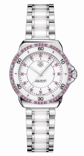 TAG Heuer Formula 1 Steel & Ceramic White Dial Date Pink Sapphire Bezel Quartz Womens Watch WAH1319.BA0868 Women??s luxury watches Affordable women watches